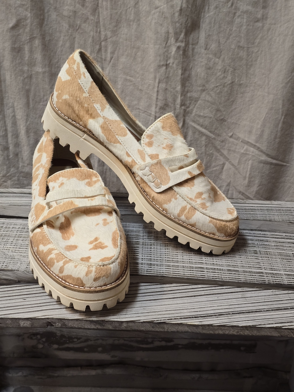 Dolce Vita Aubree Cream and Tan Cowhide Lug Sole Loafers